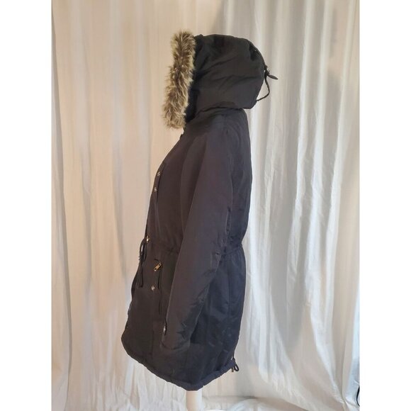 Steve Madden Parka Black Faux Fur Trim And Lining Removable Hood Sz M Penny Lane - Picture 5 of 16